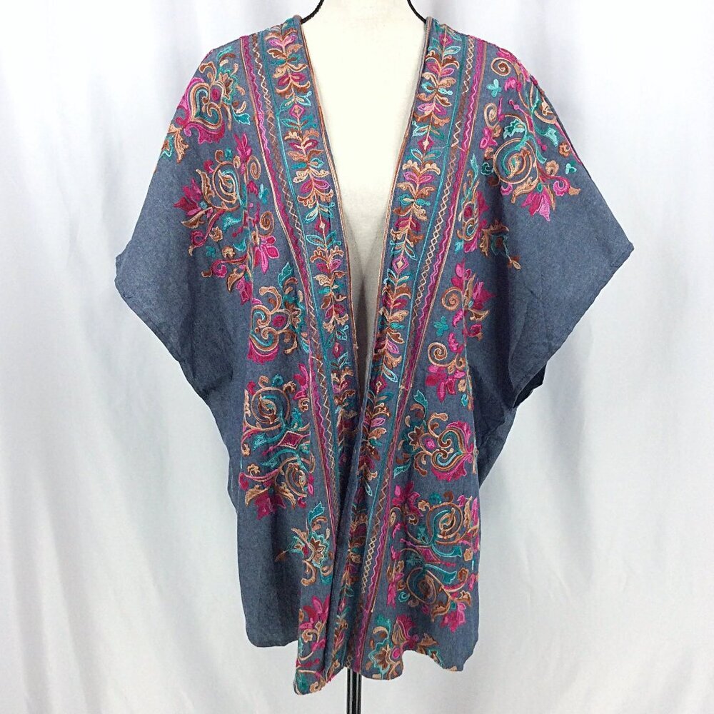 NWT Umgee Embroidered Open‎ Kimono Duster Cardigan Floral Boho Side Slits